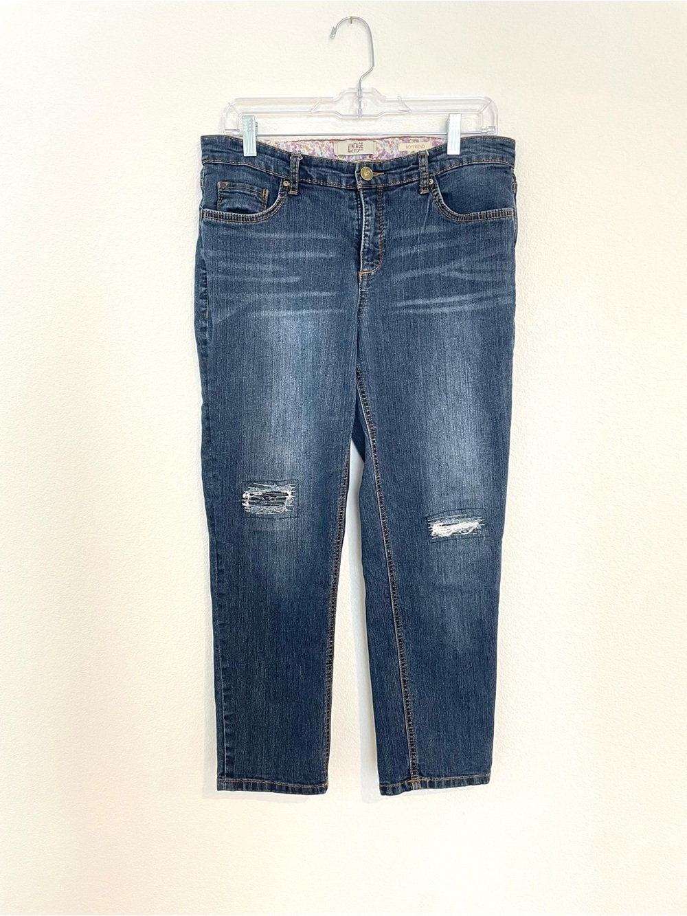 Vintage America Women's Blue Boyfriend Jeans with Knee Rips